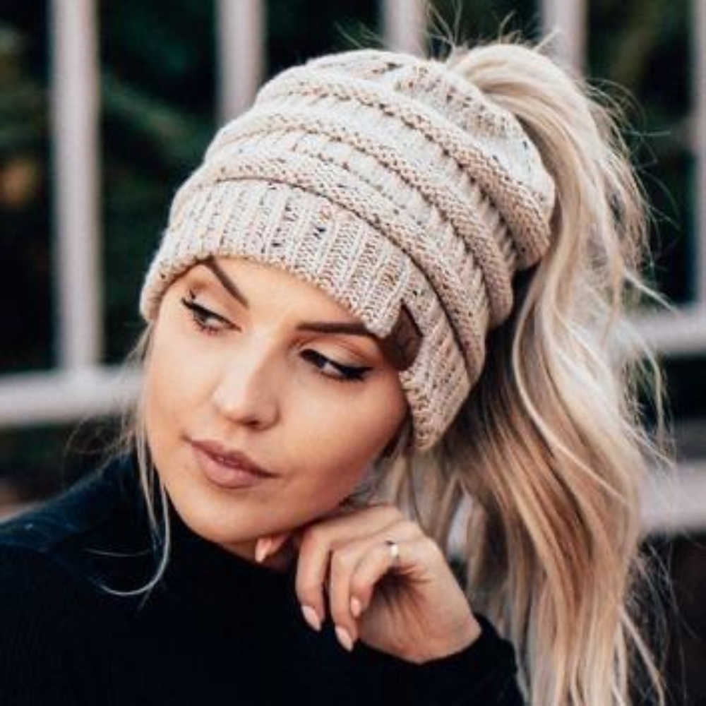 BNWT women's olive green C.C. messy bun beanie hat